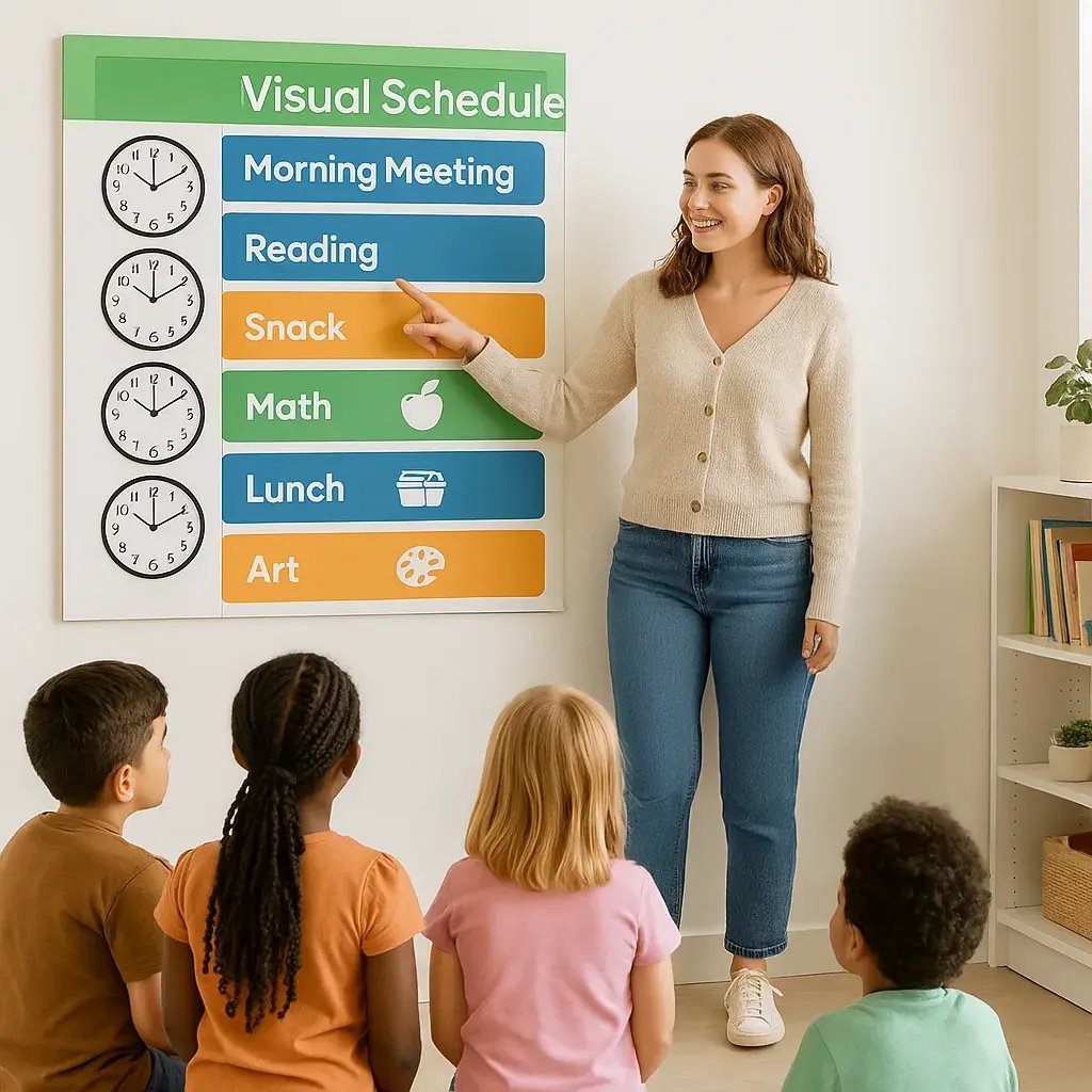 A bright, classroom setting a teacher pointing to a large, colorful visual schedule mounted at child eye-level on the wall.