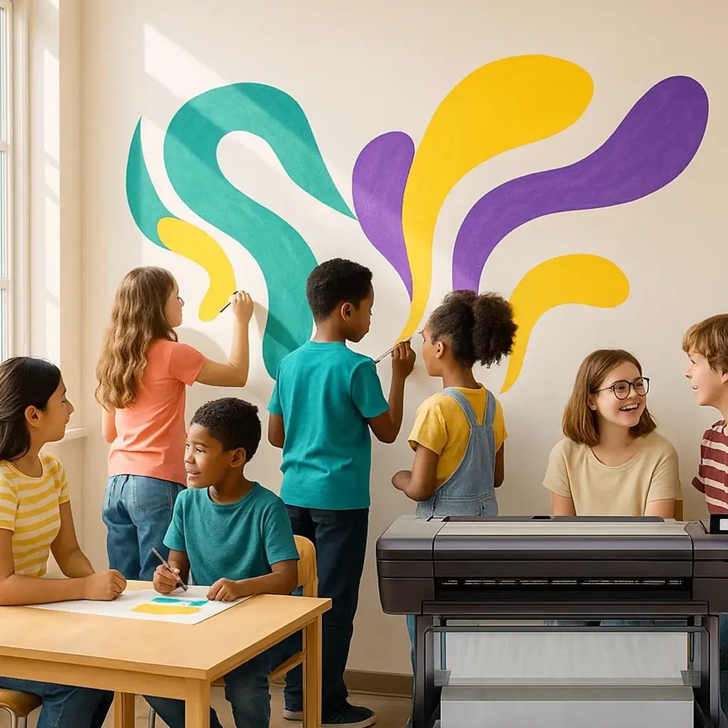 A bright, hopeful classroom scene where diverse students (ages 8-14) collaborate on a large colorful wall mural abstract representations of growth and healing.
