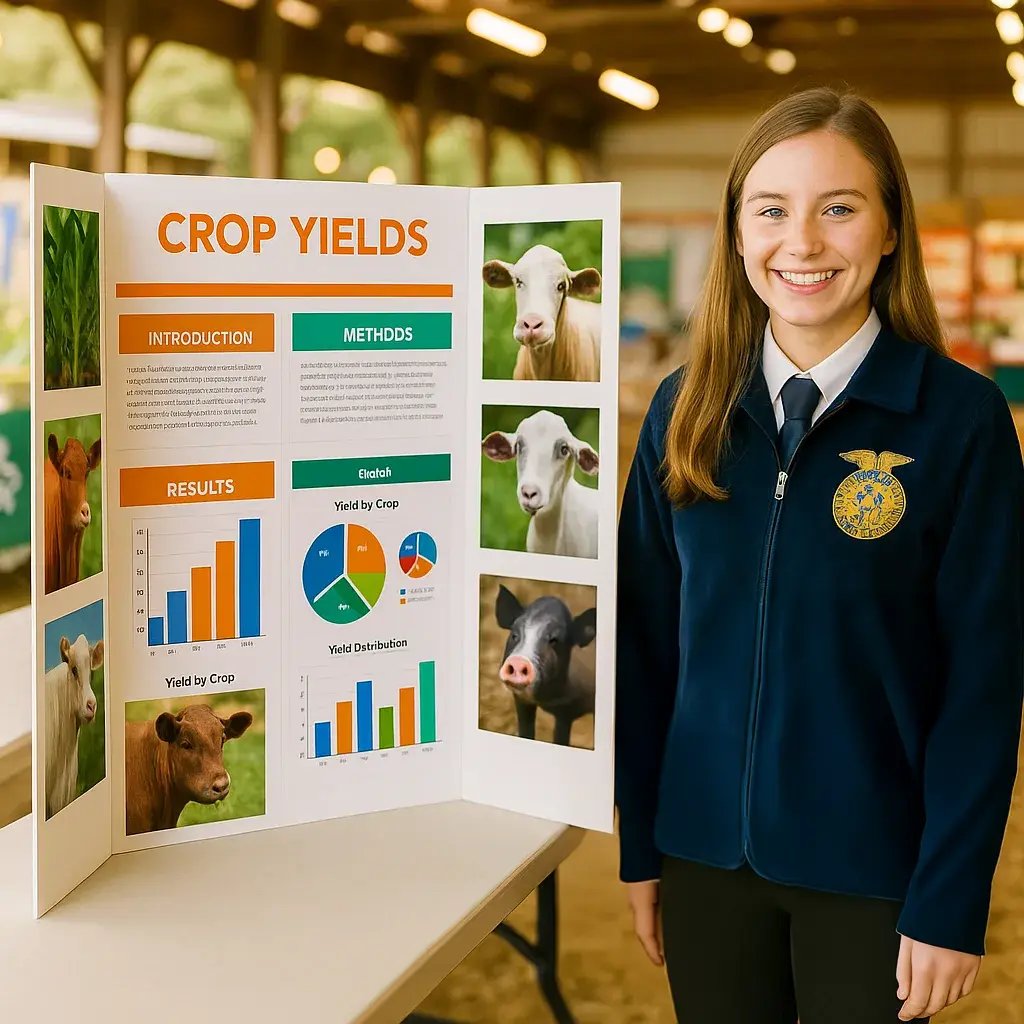 A vibrant, high-resolution image an FFA or 4-H student standing proudly next to a tri-fold display board at an agricultural fair.