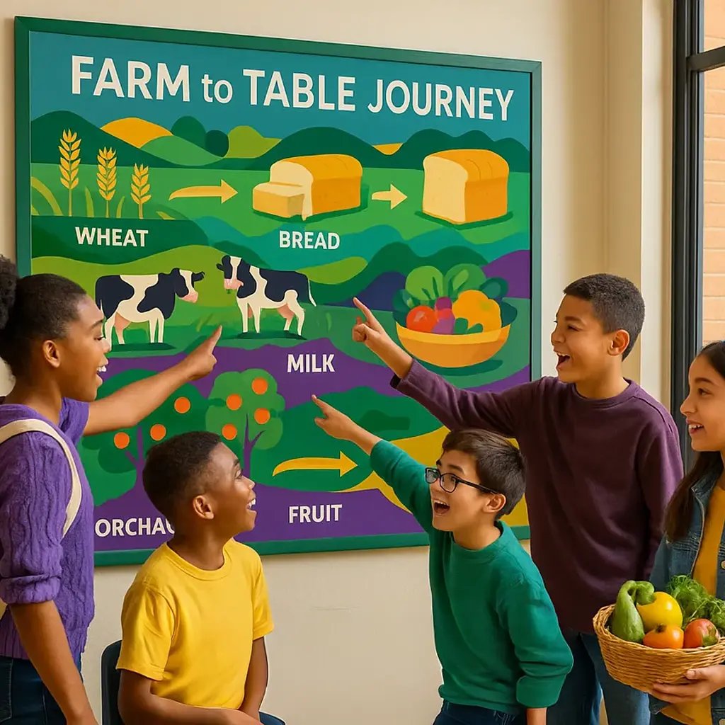 A vibrant, wide-format classroom scene diverse urban middle school students gathered around a large, colorful wall poster displaying a farm-to-table journey map.
