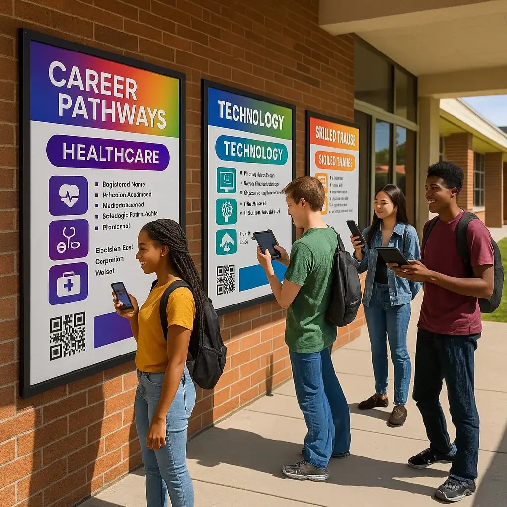 A outdoor career exploration gallery at a high school, large weather-resistant career pathway displays mounted on exterior walls under a covered walkway.