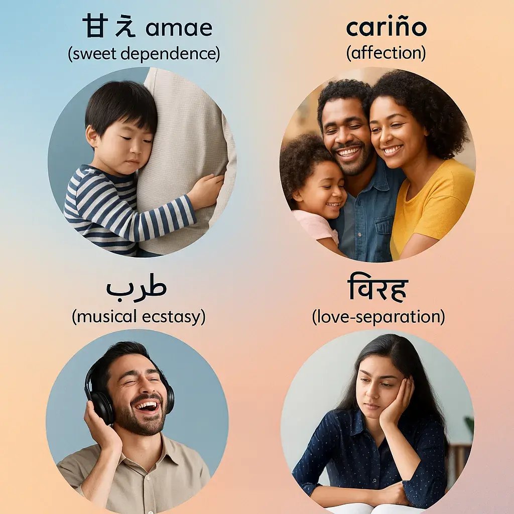 An organized collage-style image various emotion expression concepts from different cultures. An organized collage-style image various emotion expression concepts from different cultures.