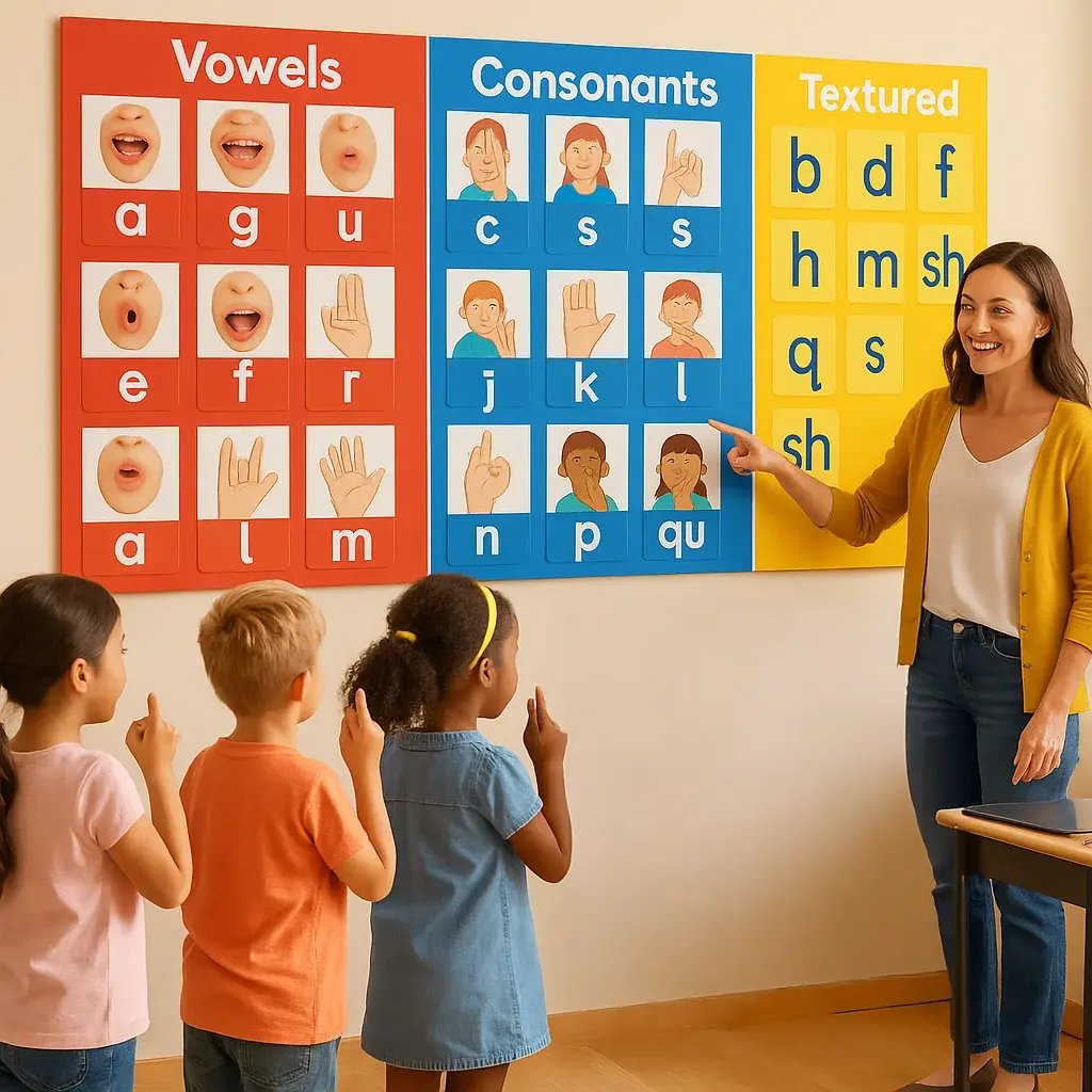 A vibrant, classroom scene an elementary teacher pointing to a large, colorful sound wall display. The wall features oversized phonics posters mouth position photos, hand gesture illustrations.