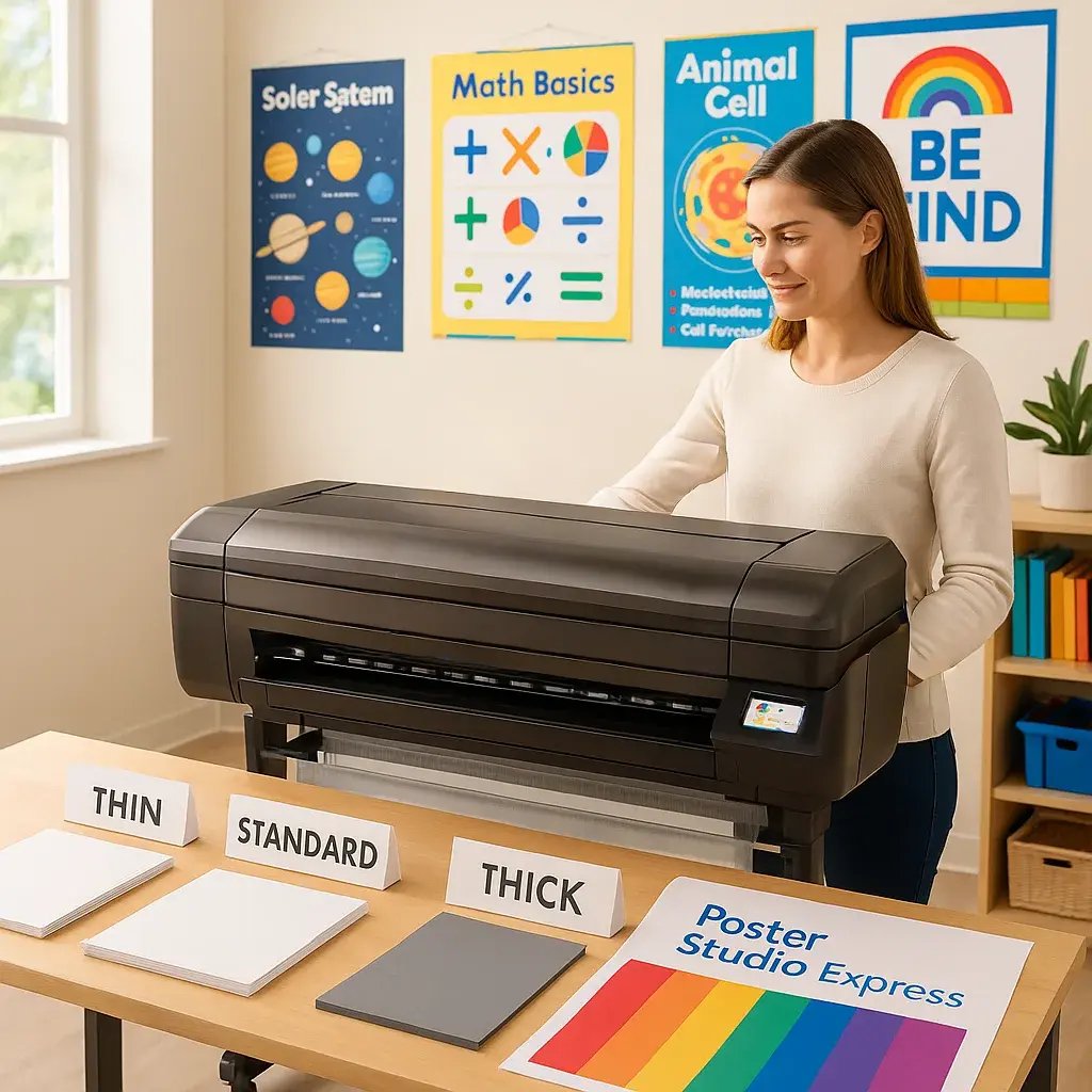 A bright, classroom setting a teacher operating a sleek desktop poster printer machine. The scene shows various paper weights displayed on a nearby table.