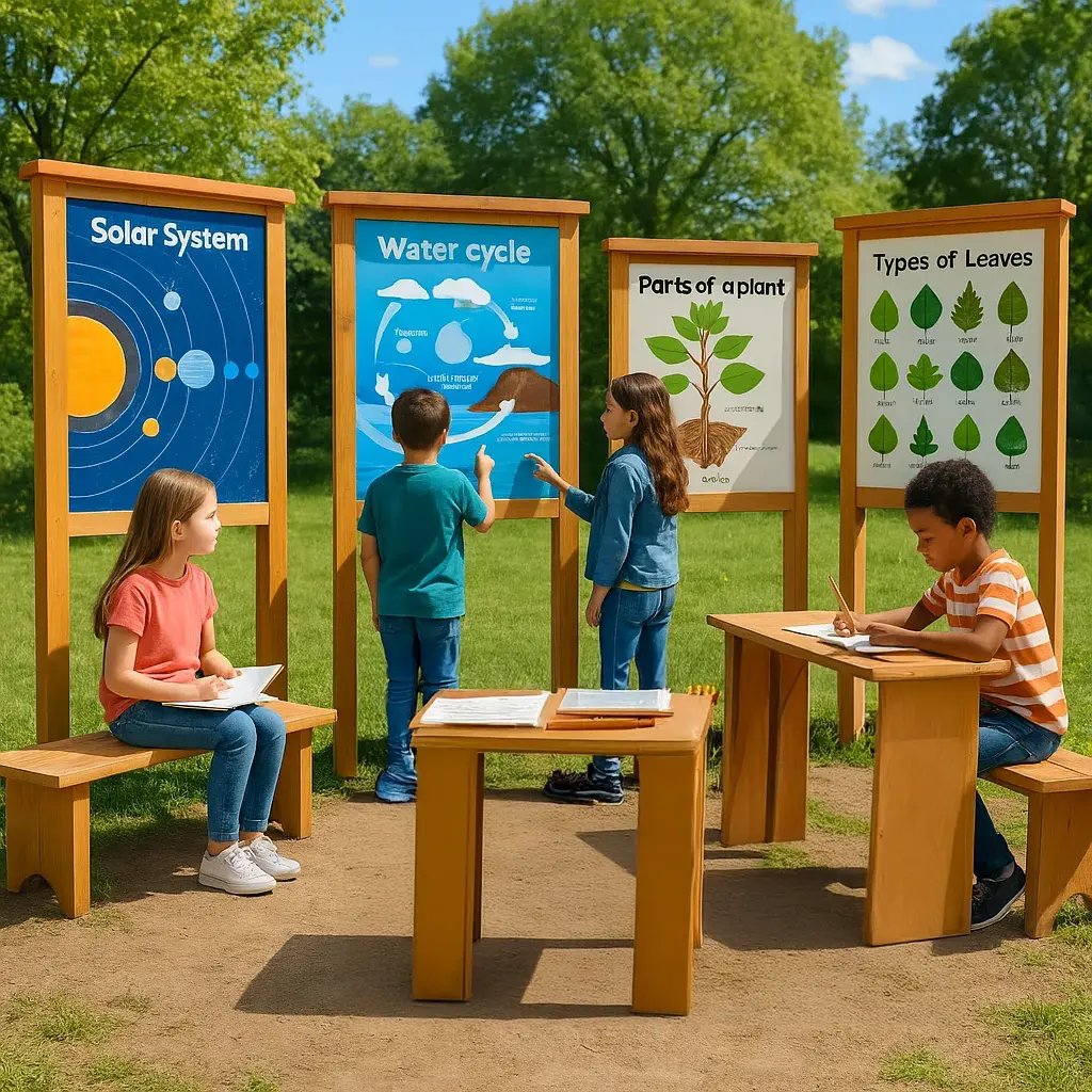 A outdoor classroom scene weather-resistant educational posters mounted on wooden posts, science diagrams and nature identification charts.