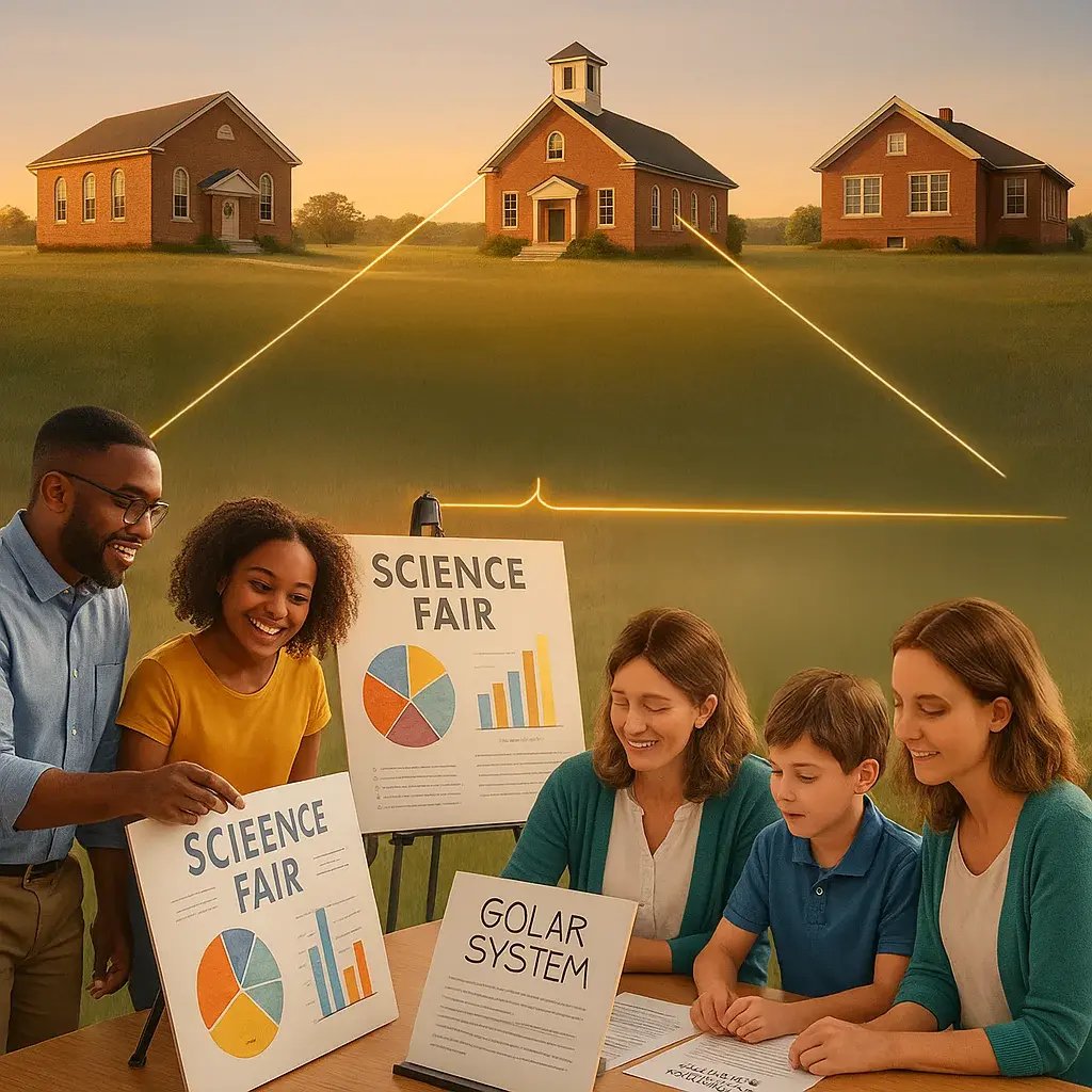 A photo showcasing three rural school buildings connected by illustrated golden lines forming a triangle.