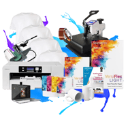 Promo Studio Versiflex Sublimation Printer Package A with heat press, inks, sublimation paper, mugs, t-shirts, and laptop for school fundraising and spirit printing projects.
