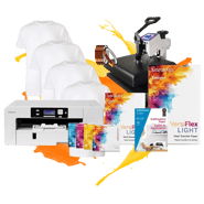 Promo Studio Versiflex Sublimation Printer Package B with heat press, inks, transfer paper, and t-shirts for school fundraising, spirit wear, and classroom projects.
