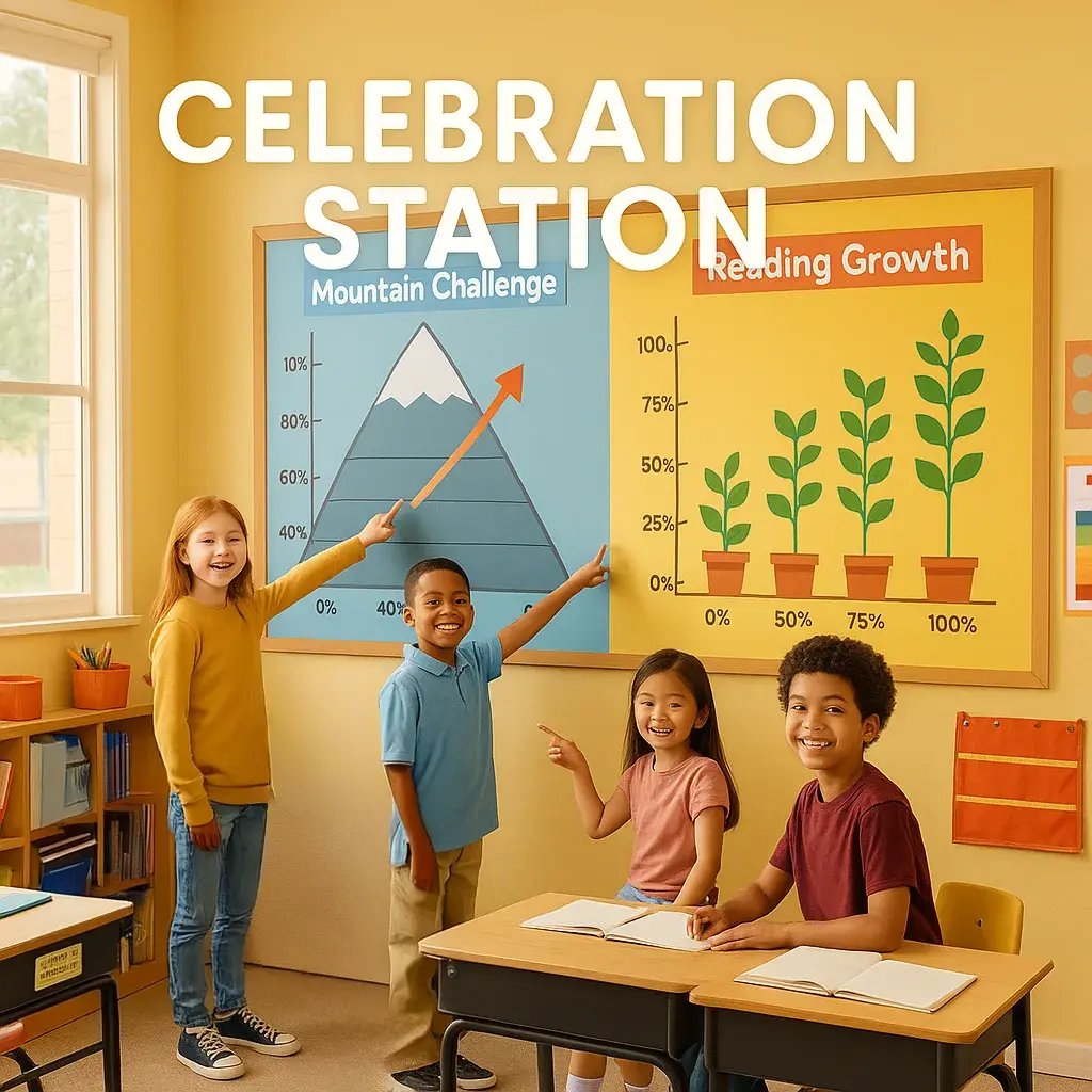 A bright, welcoming California elementary classroom colorful growth-focused data displays on the walls.
