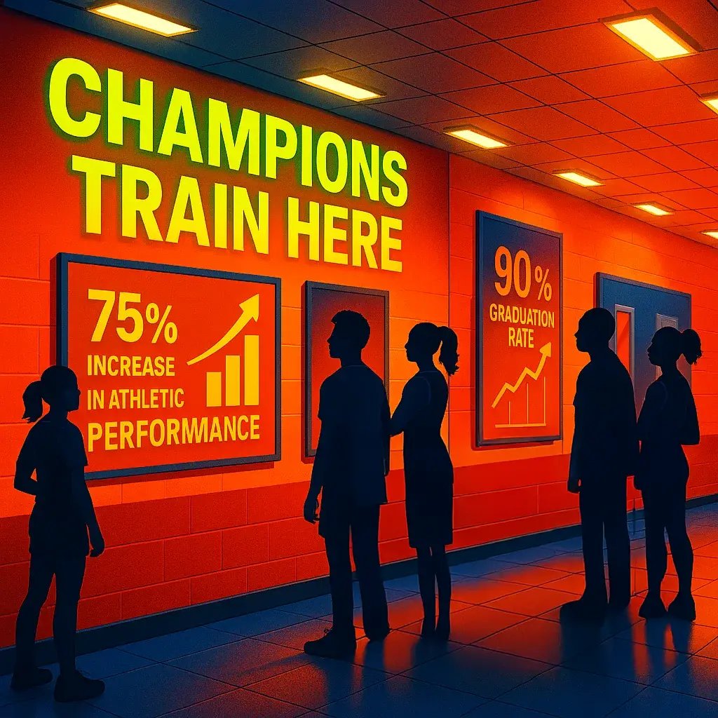 A vibrant, high-energy athletic facility hallway scene using Google font ‘Suse’. Show large neon-lime and orange gradient banners displaying “CHAMPIONS TRAIN HERE” and achievement statistics. A vibrant, high-energy athletic facility hallway scene using Google font 'Suse'. Show large neon-lime and orange gradient banners displaying "CHAMPIONS TRAIN HERE" and achievement statistics.