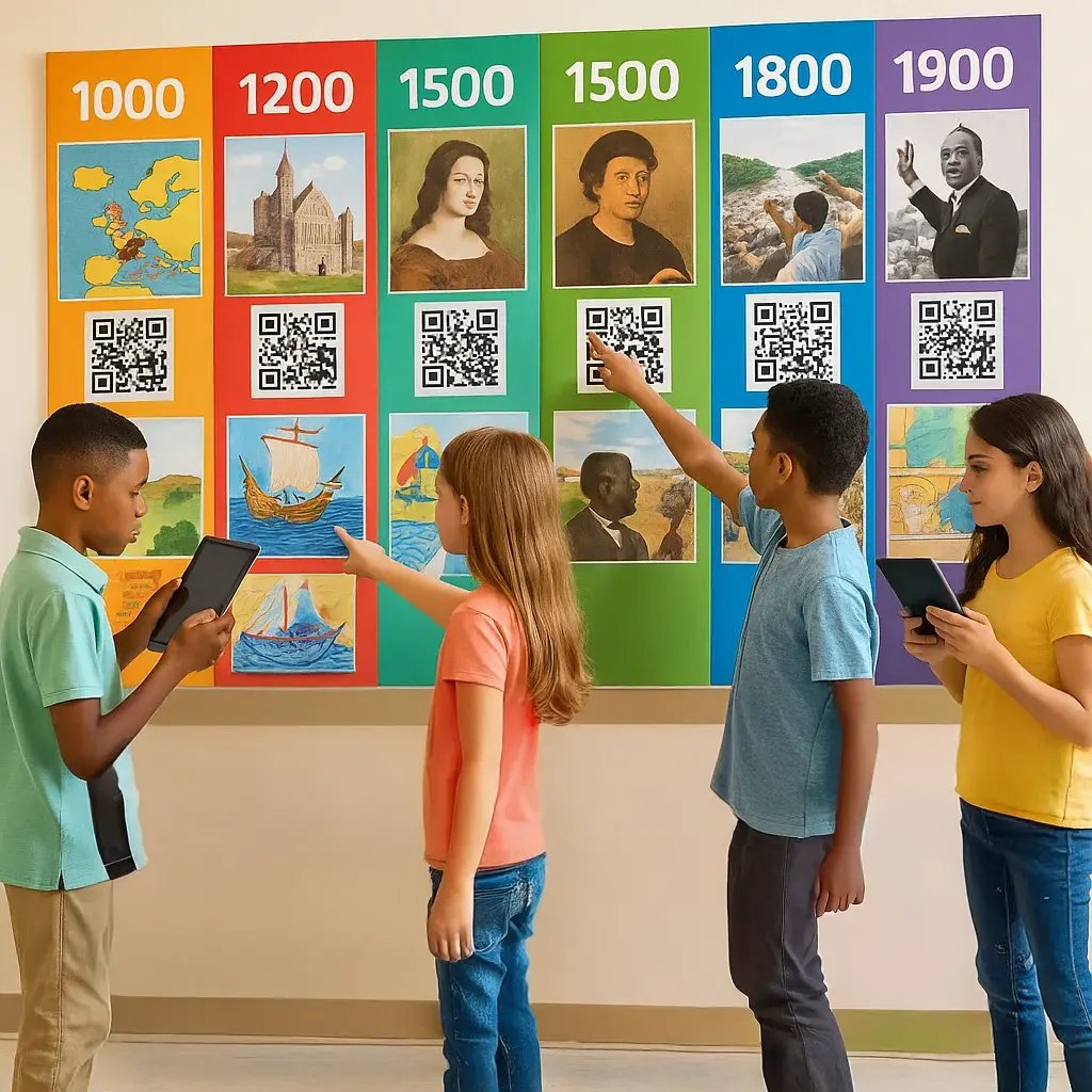 A vibrant, classroom history display a large horizontal timeline mounted on the wall at student eye level. The timeline features colorful poster segments dates and images.