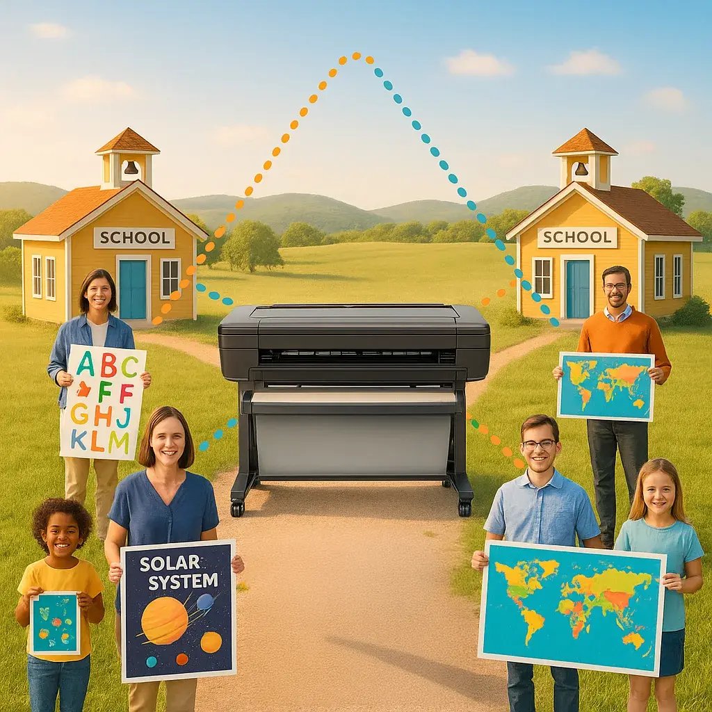 A bright, optimistic scene three small rural school buildings connected by colorful dotted lines forming a triangle, a poster printer at the center.