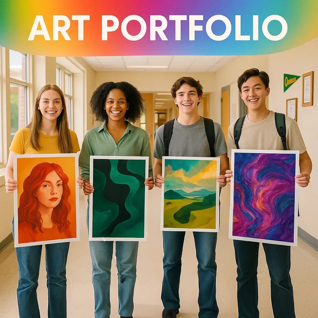 A bright, inspiring educational scene a diverse group of high school art students (ages 16-18) proudly displaying large, art portfolio prints in a school hallway.