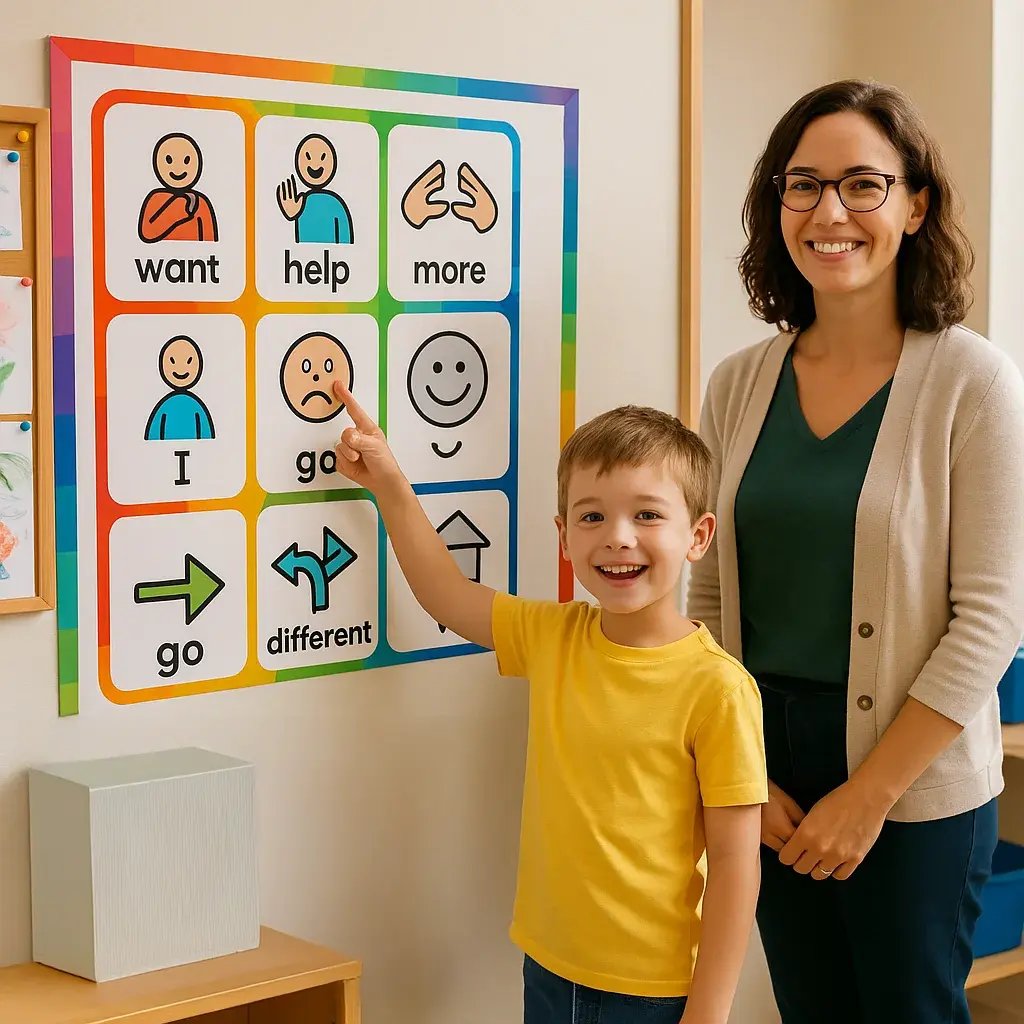 A bright, engaging classroom scene using Suse font a smiling elementary student pointing to a large, colorful AAC communication board mounted on the wall.