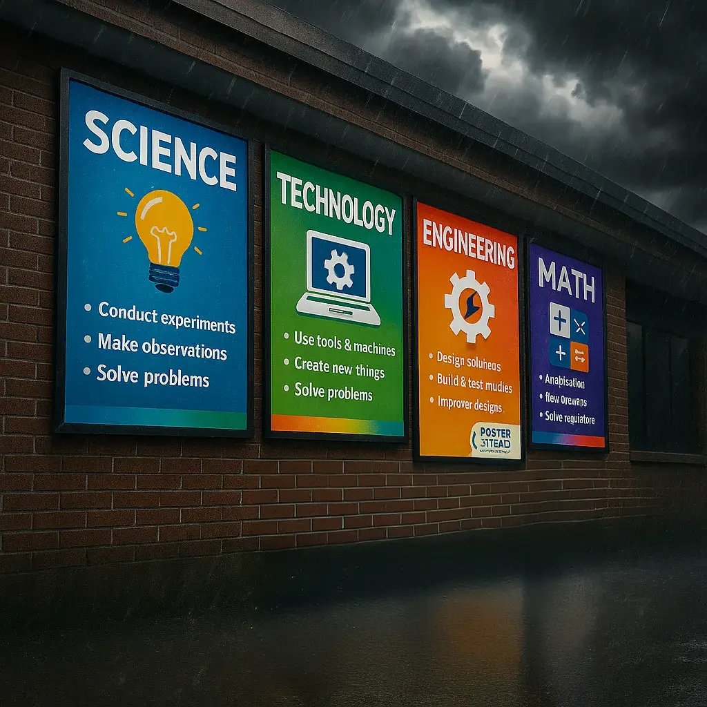 A dramatic wide-angle photograph showcasing a educational poster display mounted outdoors during a powerful storm, rain and wind visible but the posters remaining perfectly intact and readable. A dramatic wide-angle photograph showcasing a educational poster display mounted outdoors during a powerful storm, rain and wind visible but the posters remaining perfectly intact and readable.