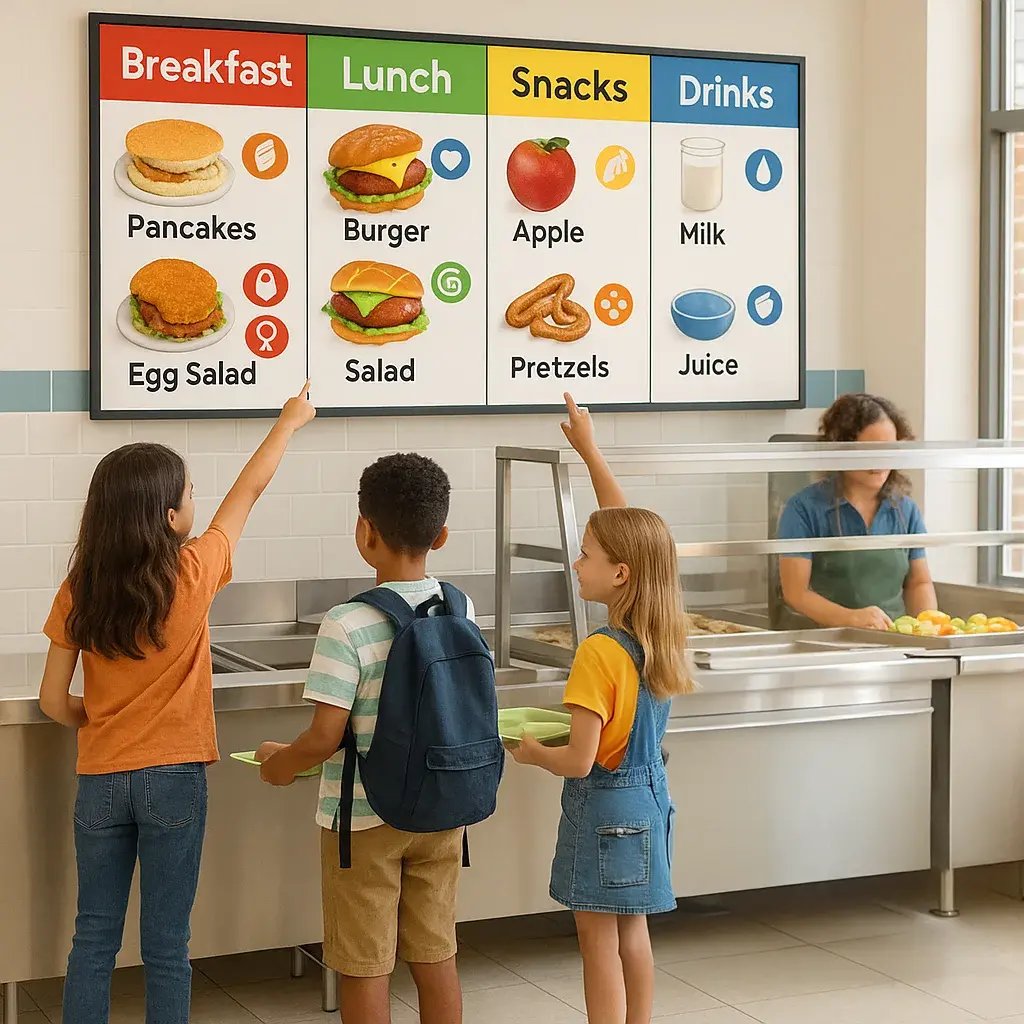 A bright, elementary school cafeteria large, colorful menu boards displaying food items clear allergen icons and color-coded borders. A bright, elementary school cafeteria large, colorful menu boards displaying food items clear allergen icons and color-coded borders.