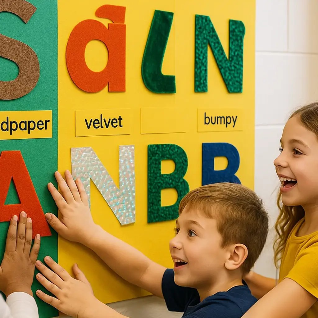 Close-up photo of elementary students' hands touching different textured materials on a large alphabet wall display.