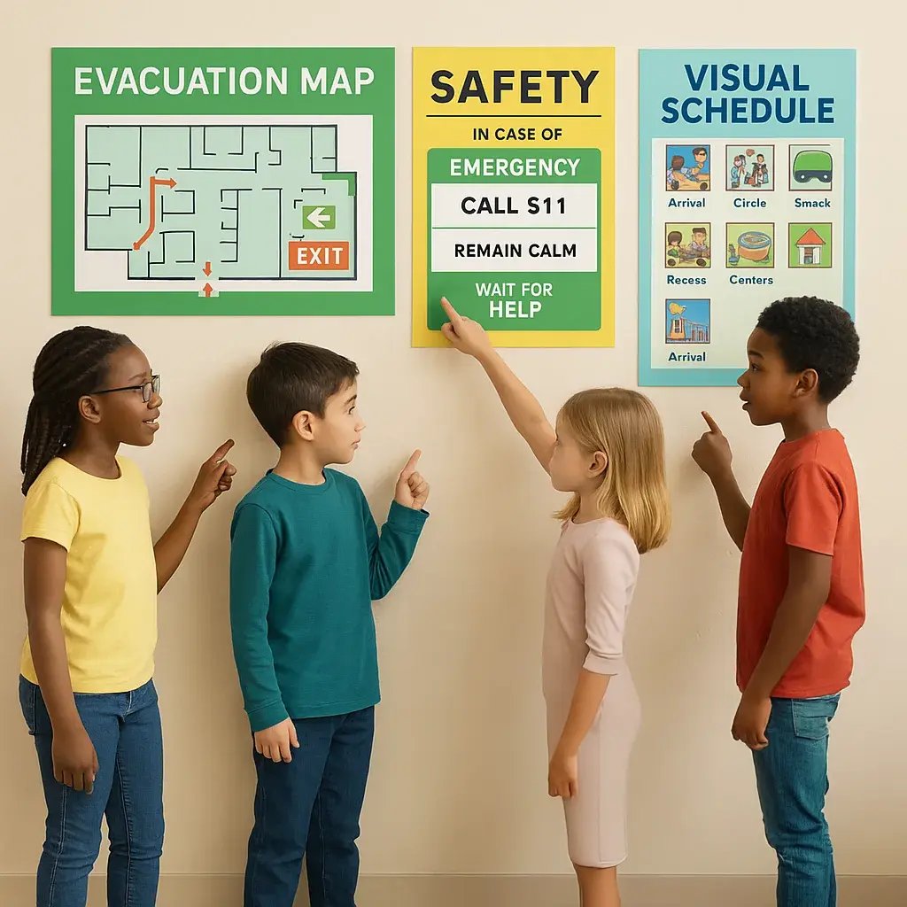 A vibrant, organized classroom wall a comprehensive emergency communication system colorful evacuation maps, multilingual safety posters, universal symbol charts, and sensory-friendly visual.
