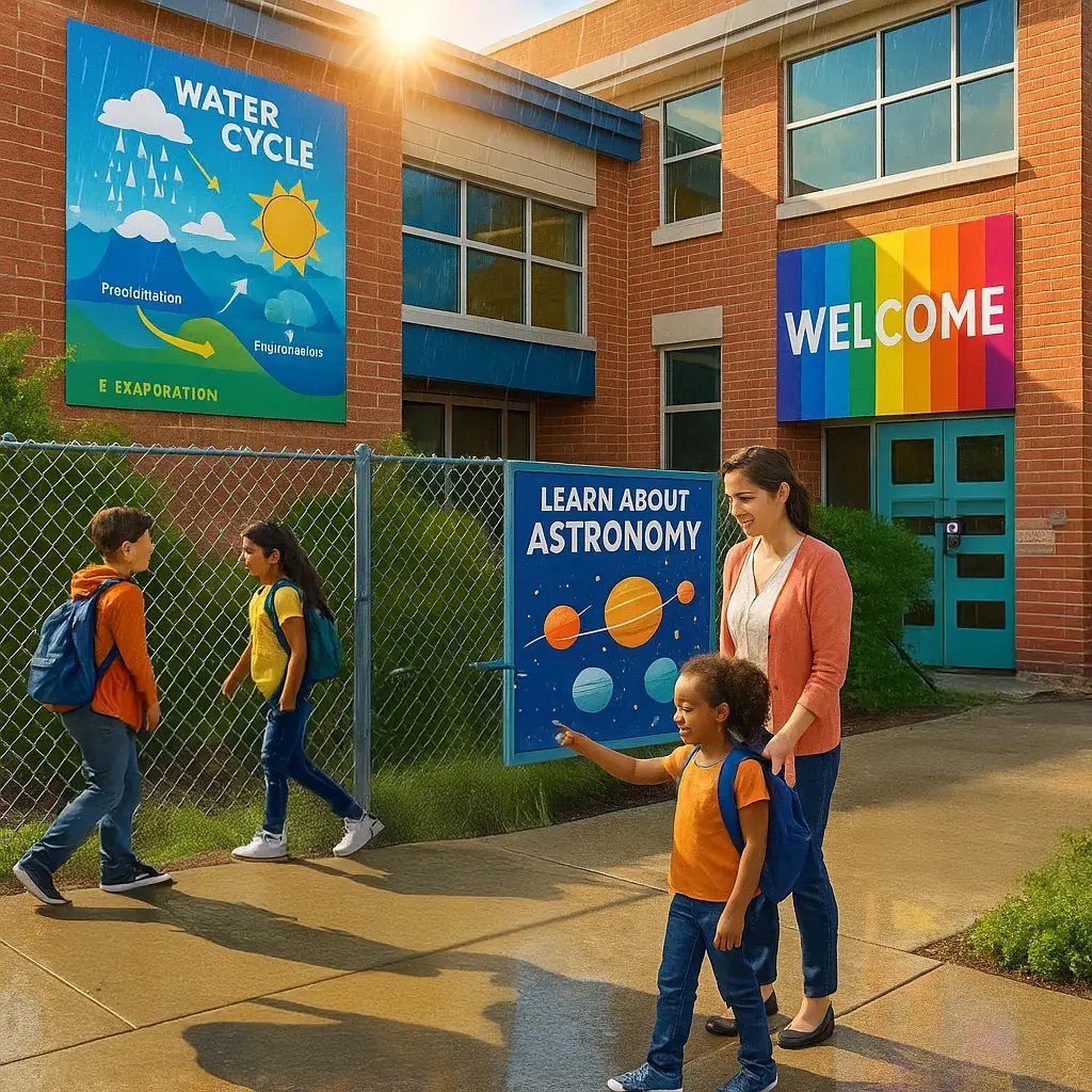 A vibrant, photorealistic image a school building exterior multiple colorful educational posters and banners displayed on walls, fences, and standing frames.