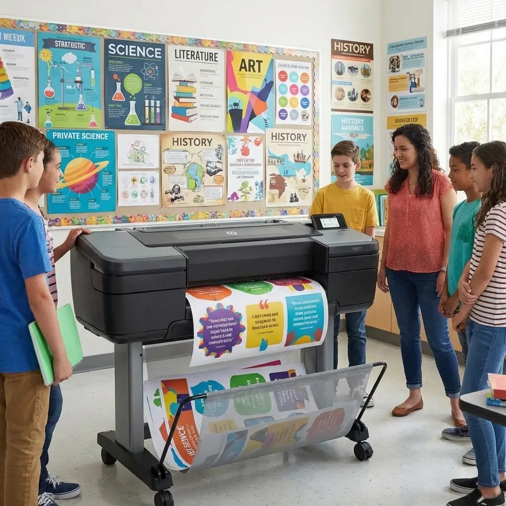 Group of students and a teacher standing around a school poster maker printing colorful educational posters in a bright classroom