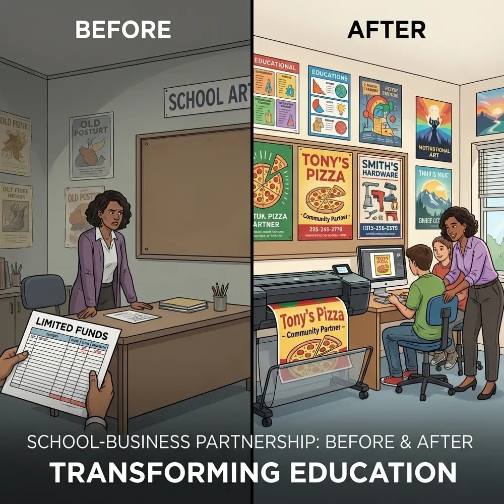 Before and After School Poster Maker Partnership Transforming Classroom Resources Split-screen image showing a school art teacher facing limited funds before and, after partnering with a local business, students using a poster printer machine to create professional posters