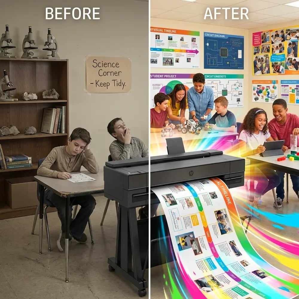 Before and after comparison showing a dull science classroom versus an energized STEM space with posters printed on a school poster printer