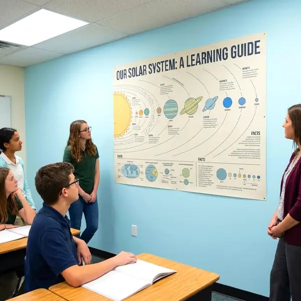 Matte Educational Poster in Classroom Learning Environment Matte poster displayed in a classroom showing a non-glare educational chart that is easy to read under bright lighting