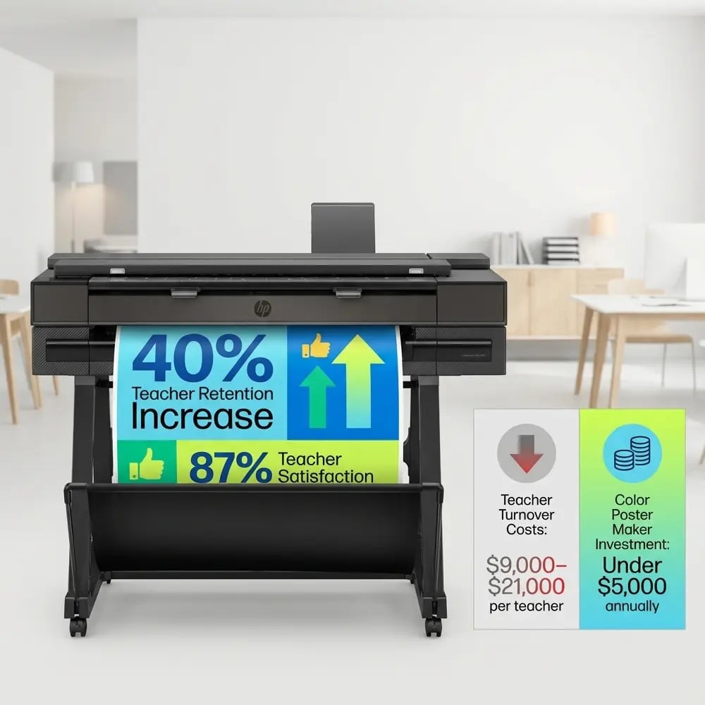 School Poster Maker ROI Improving Teacher Retention and Satisfaction School poster maker machine printing a large infographic poster showing increased teacher retention, higher satisfaction, and lower costs compared to teacher turnover