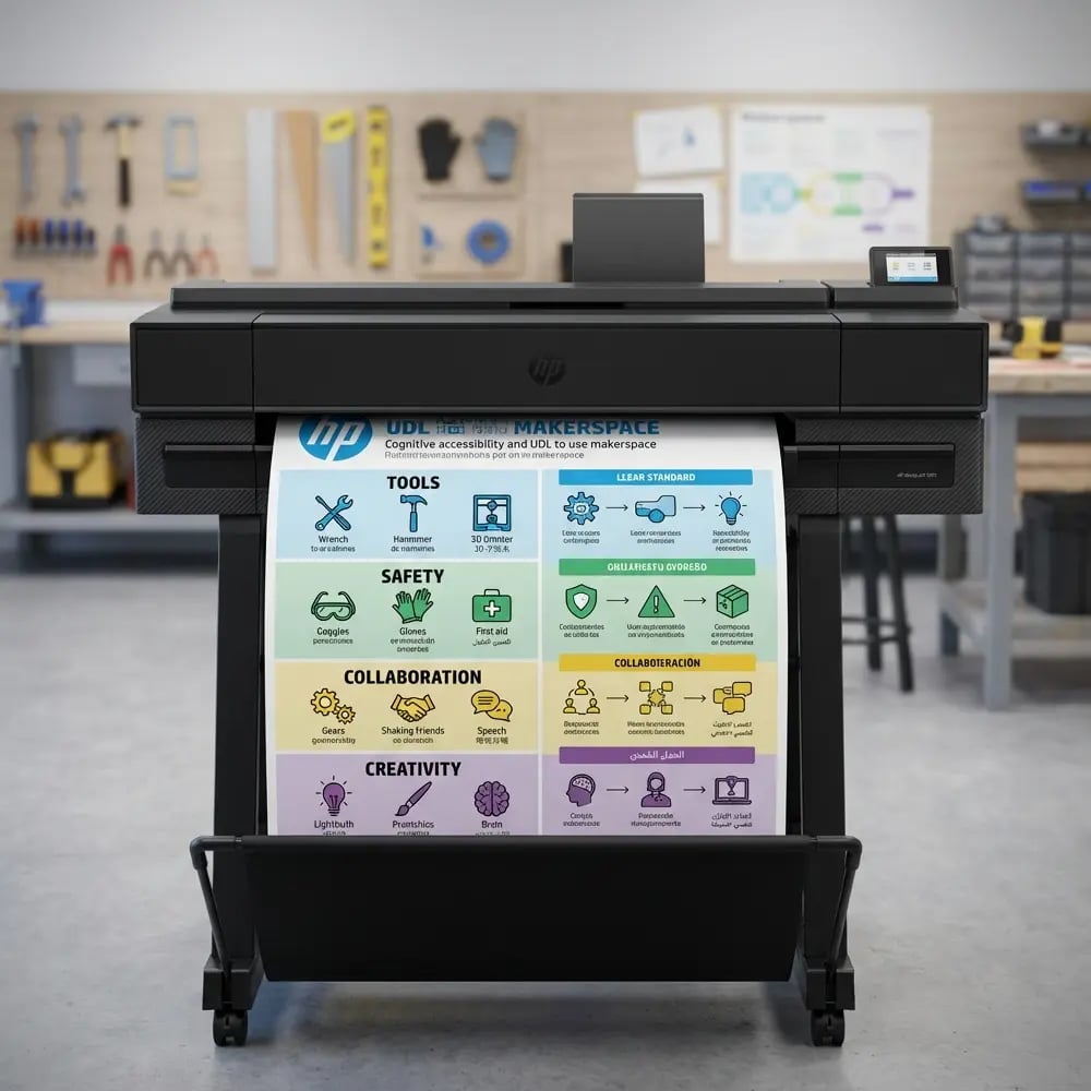 School Poster Maker Supporting Cognitive Accessibility in Makerspaces A close-up view of hands creating a multilingual safety poster using design software on a computer screen. The screen shows a split view pictographic icons on one side and text in multiple