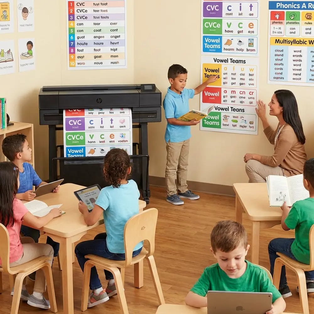 School poster maker printing phonics and literacy posters in an elementary reading intervention center