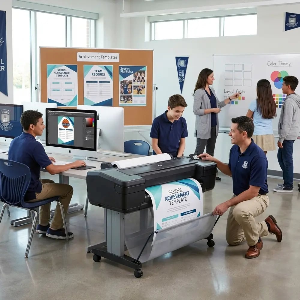 School Poster Maker Training Session for Student Design and Achievement Templates Students and staff working together to design achievement templates and print posters using a school poster maker in a modern classroom