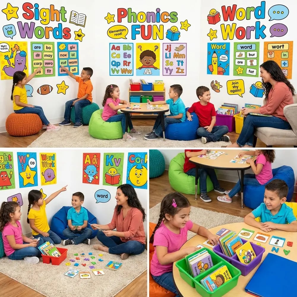 School Poster Makers Creating Visual Literacy Centers for Early Readers A close-up view of an interactive word work station rotating phonics wheels and blend boards created a poster printer. Show hands-on manipulatives, velcro letter cards, and colorful sound wall