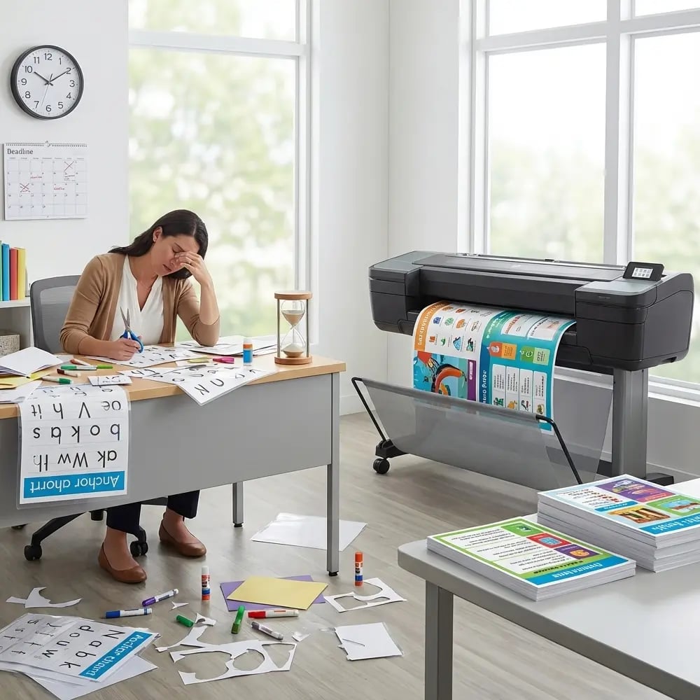 Teacher Struggling With Manual Classroom Prep Instead of Using a Poster Maker Machine Teacher in a classroom surrounded by hand-cut letters and scattered supplies, working manually while a color poster maker machine nearby produces bright, ready-to-use classroom posters