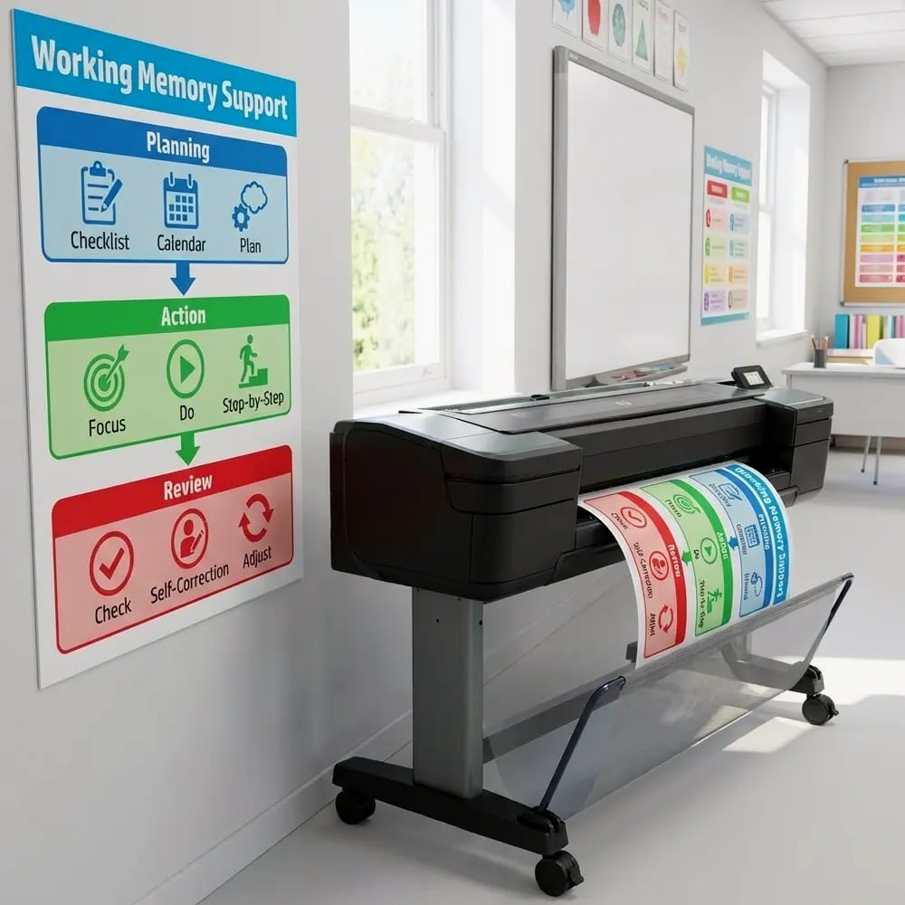 School poster maker printing a colorful working memory support poster beside a mounted planning, action, and review chart in a bright classroom
