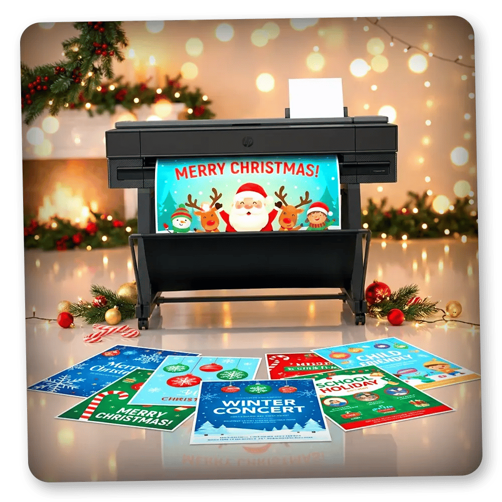 School Poster Maker for Christmas & Winter Posters school poster maker printing a colorful “Merry Christmas” classroom poster with Santa and reindeer, surrounded by festive holiday and winter school event posters