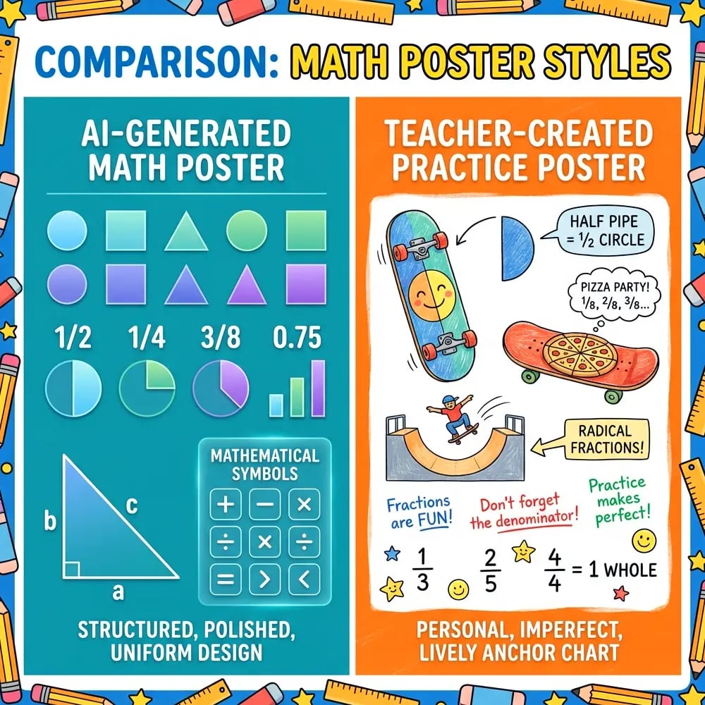 AI vs Teacher Poster Examples for Classroom Design Projects Design a split-screen comparison using Google Font 'Suse'. Left side shows an AI-generated math poster perfect geometry but generic content. Right side displays a teacher-created fraction poster