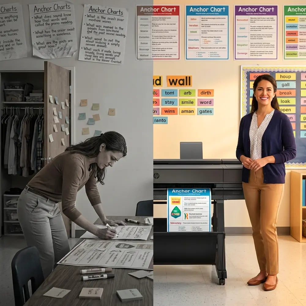 Side-by-side comparison of a teacher hand-making anchor charts versus using a poster making machine to save time and effort