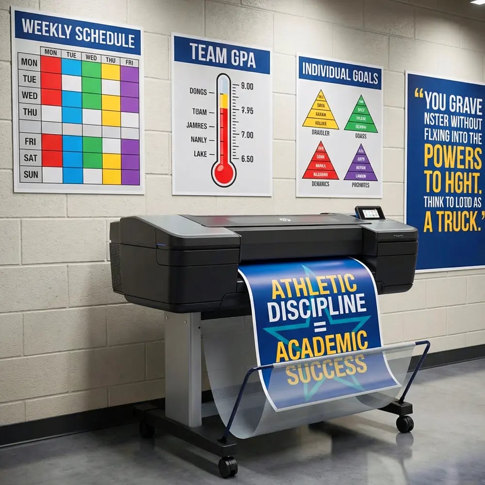 Color Poster Printer Machine Powering School Athletic Motivation Displays Color poster printer machine printing athletic discipline academic success poster in a school hallway