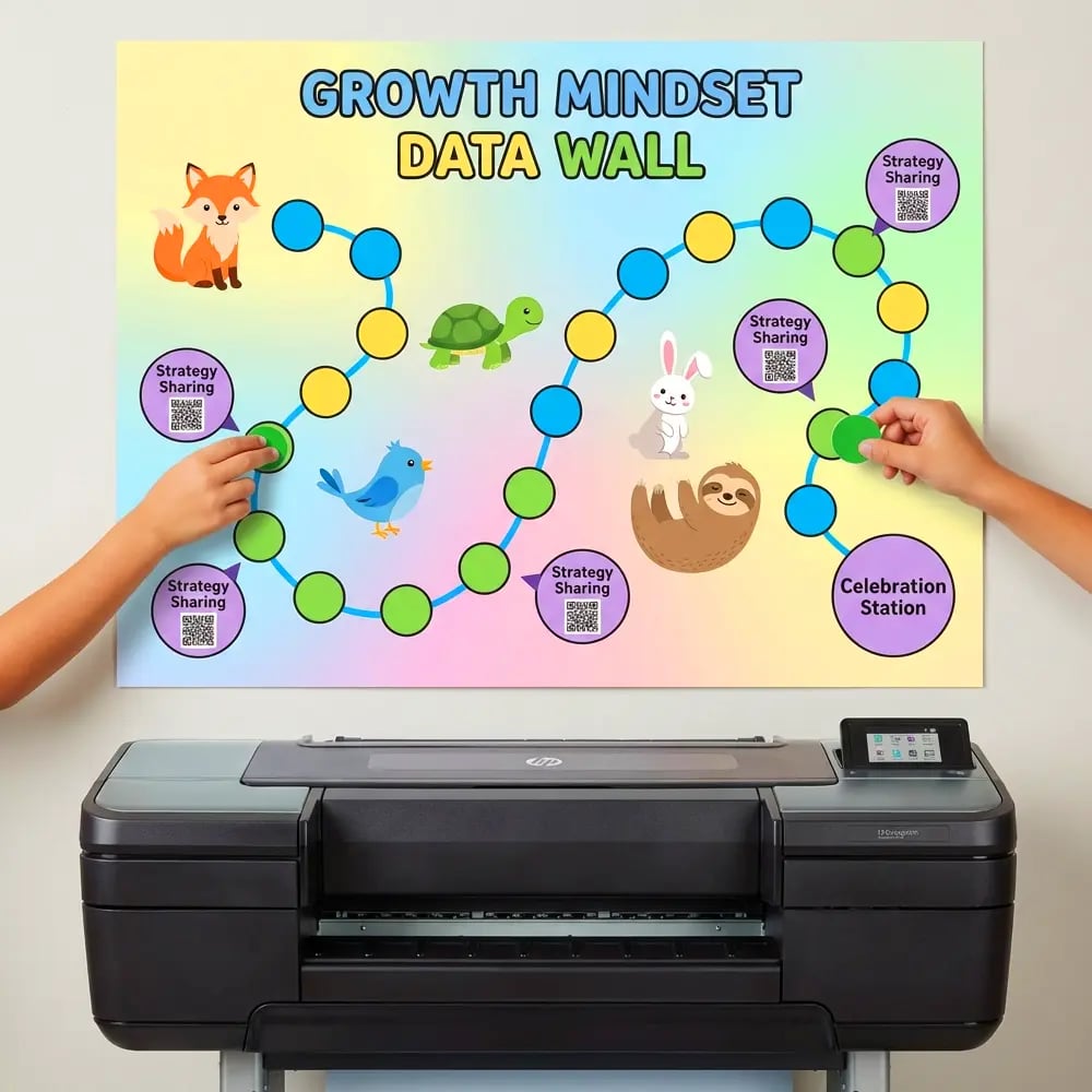 Growth mindset data wall poster printed with a school poster maker, featuring student progress paths and interactive learning elements