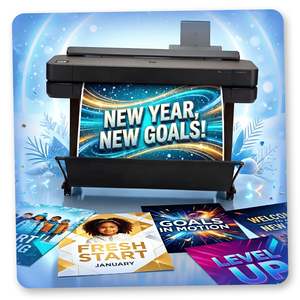 January New Year Image Front Page School poster maker printing a colorful January New Year motivation poster reading “New Year, New Goals,” with multiple school posters scattered below featuring goal-setting and back-to-school themes