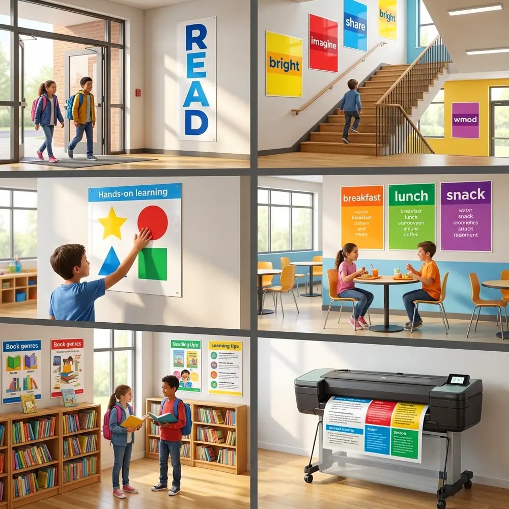 Poster Printers for Title I Schools Supporting Word-Rich Learning Zones Title I school interior with vocabulary posters in hallways, cafeteria, library, and an Omni Reference poster printer producing word-rich learning materials