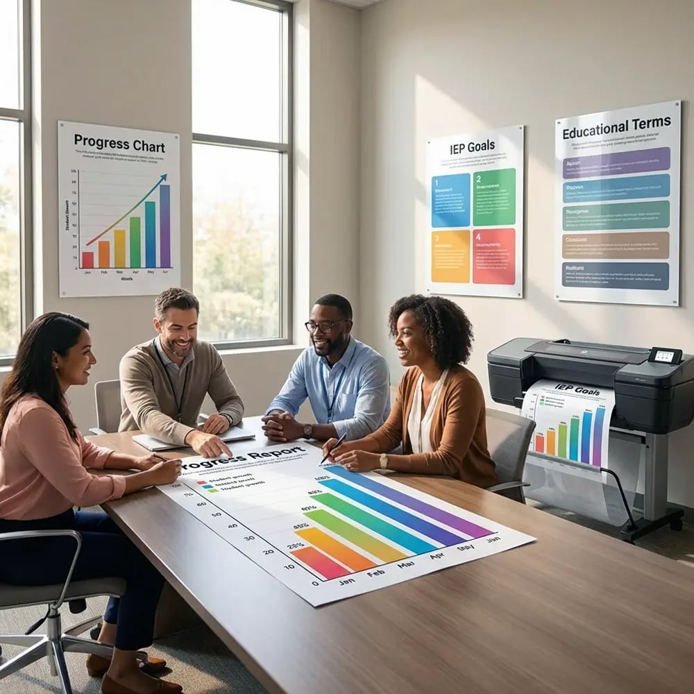 IEP team reviewing large printed progress charts and goal posters created with a wide-format poster printer in a school office