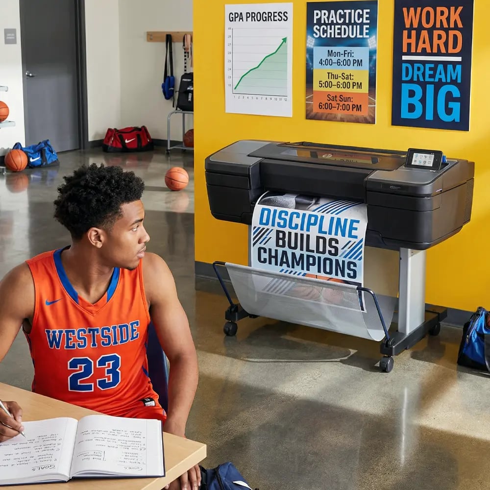 Student athlete studying near a color poster printer machine printing discipline builds champions poster