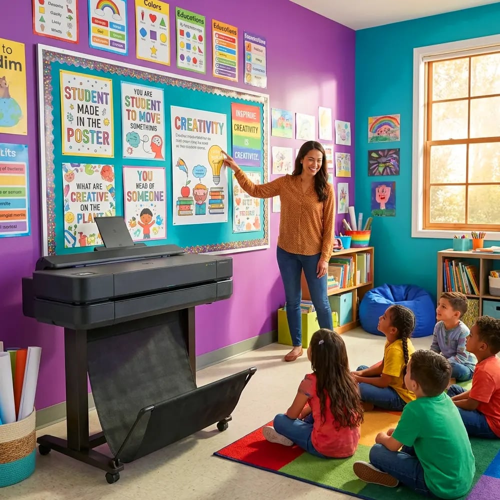 Teacher using a school poster maker printer to display creativity and human-centered design posters in a colorful classroom