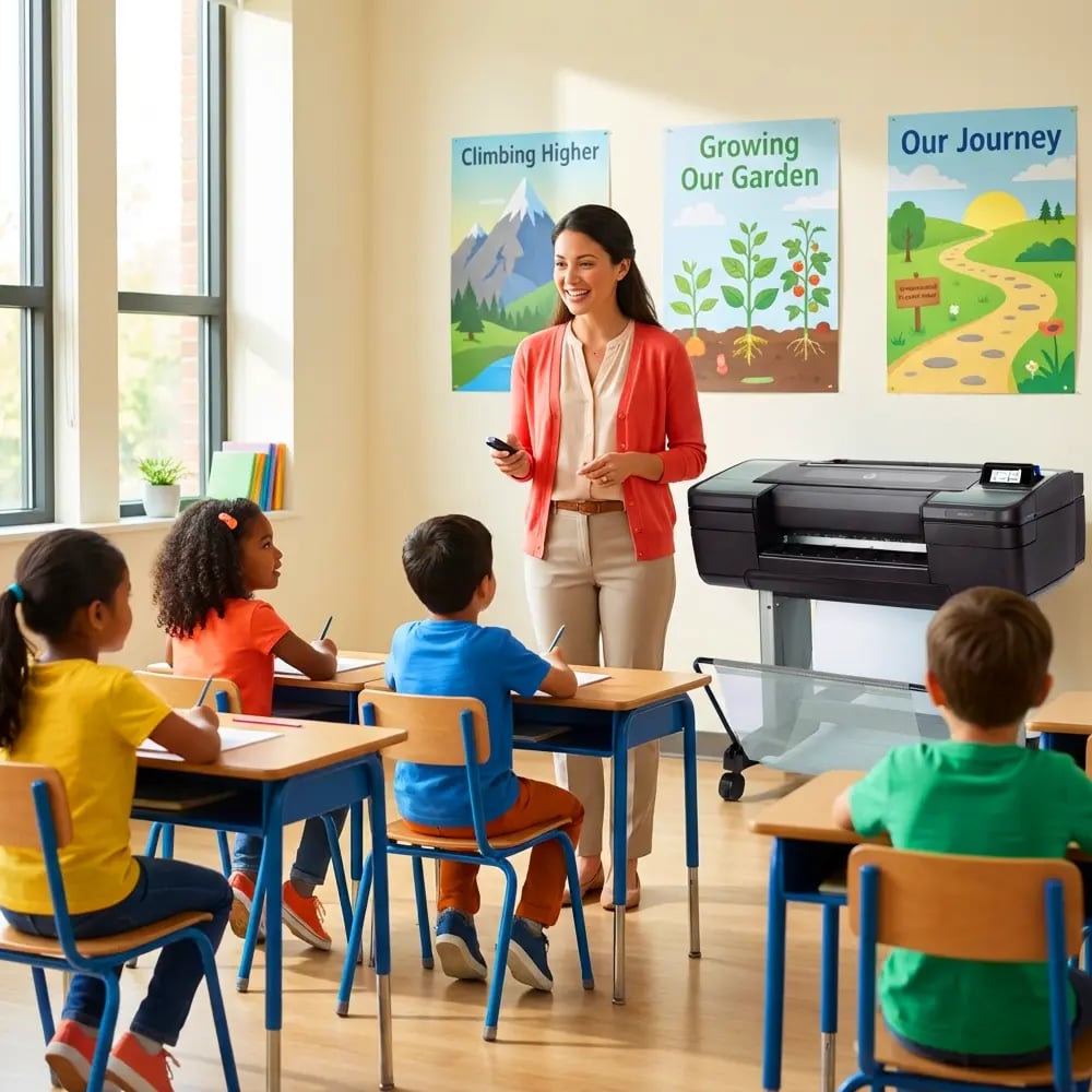 Elementary teacher using a school poster maker to display growth mindset posters while teaching students in a modern classroom