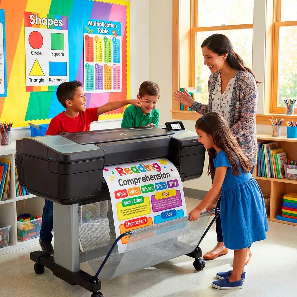 Using a Grant-Funded Banner Printing Machine in the Classroom Teacher and students using a grant-funded banner printing machine to print a colorful reading comprehension poster in a school classroom