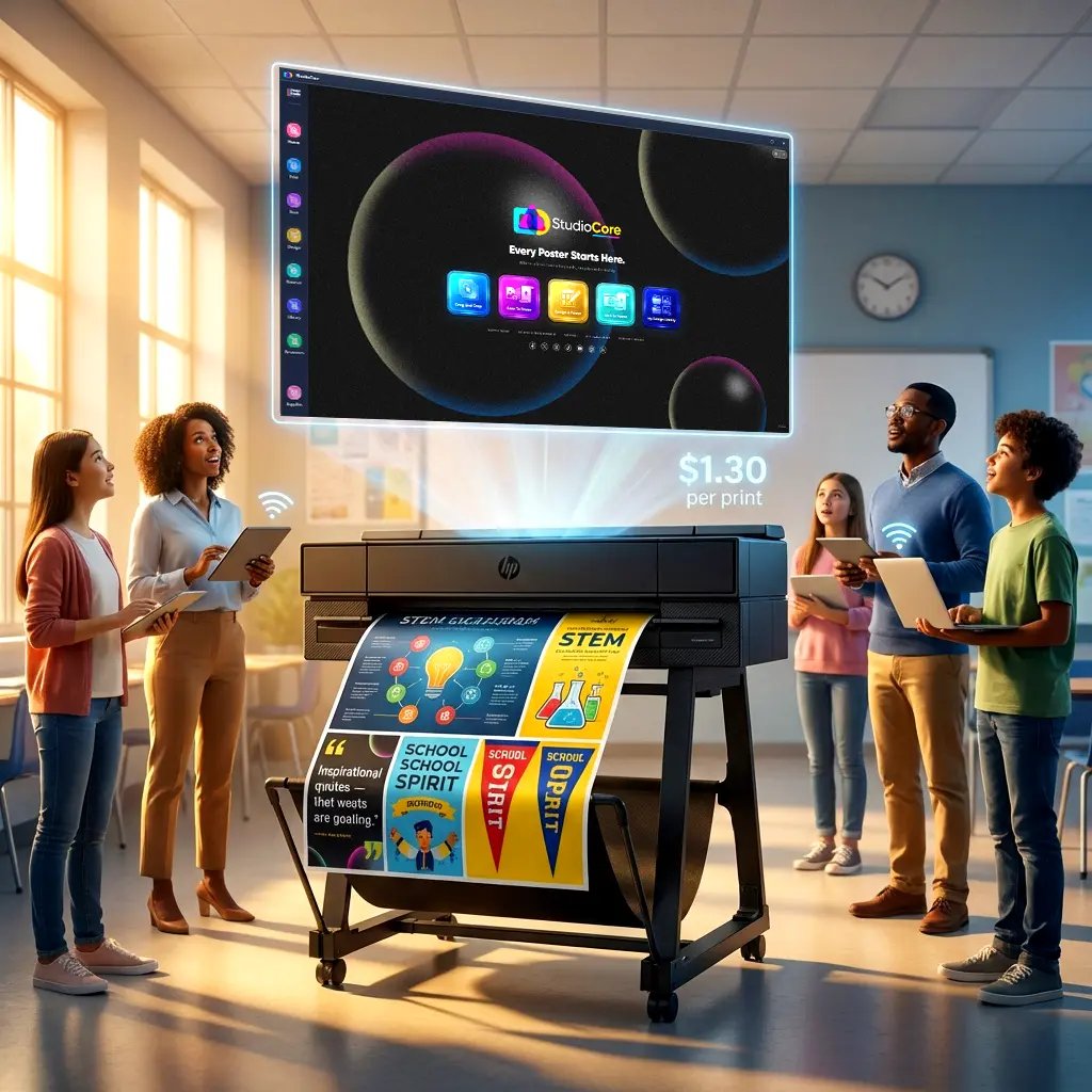 K-12 school poster maker machine printing 24x36 STEM poster with StudioCore software dashboard showing predictive cost tracking and Canva integration in classroom