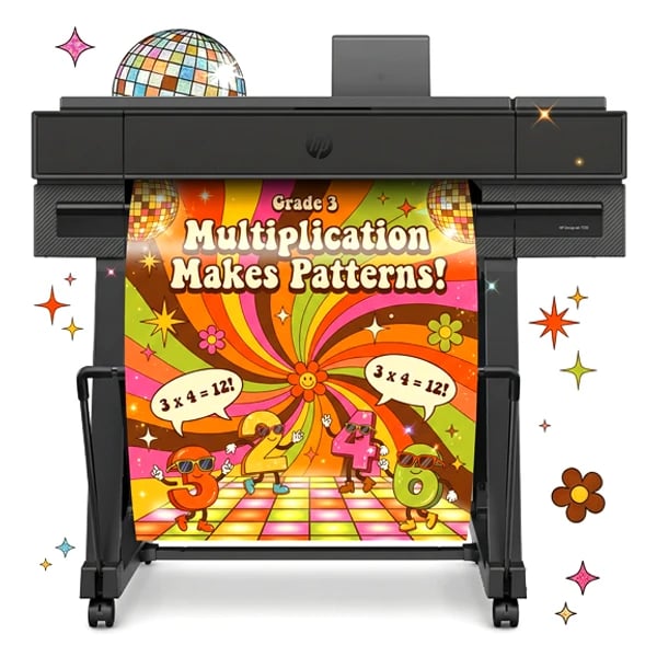Poster Printer Machine for Schools Printing Grade 3 Multiplication Classroom Poster School poster printer machine printing a colorful Grade 3 multiplication math poster with disco theme for classroom learning