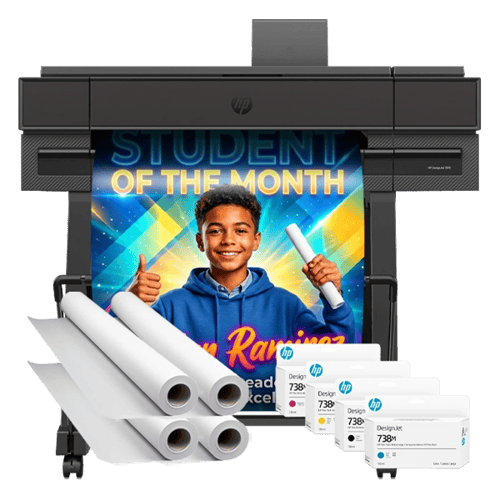 Campus Pro 24 Poster Maker Advanced Package with ink cartridges, poster paper rolls, and a vibrant educational poster