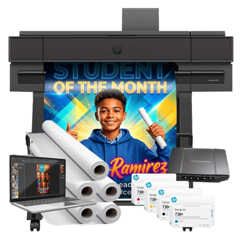 Campus Pro 24 Poster Maker Elite Package with ink cartridges, poster paper rolls, a laptop, scanner, and poster software
